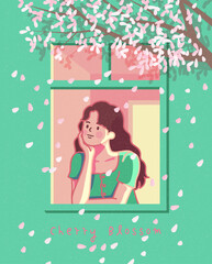 Spring Sale banner template. Beautiful girl and cherry blossom. Happy woman looking out window. Watercolor sakura flower background. Petals flying. Hand drawn style. Vector flat line illustration.