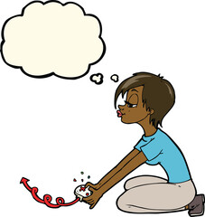cartoon girl playing computer games with thought bubble