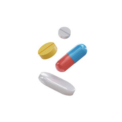 White, yellow, red and blue capsules isolated on transparent background. 3d render. PNG. Tablets, medicine concept. 3D rendering, ui, ux. Pills. Health