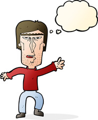 cartoon angry man waving warning with thought bubble