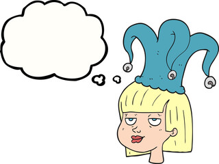 thought bubble cartoon woman wearing jester hat