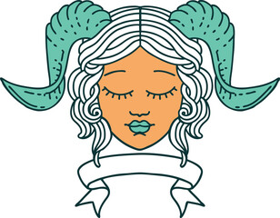 tiefling character face with scroll banner illustration