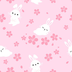 Seamless pattern with bunny rabbit cartoons and Sakura flower on pink background vector.