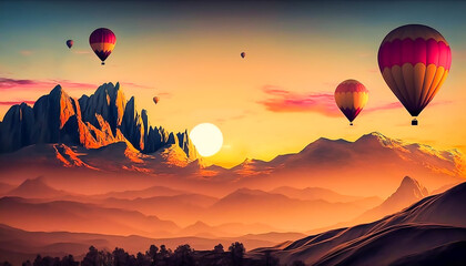 colorful hot air balloons fly in sky beautiful mountain landscape, Generative ai