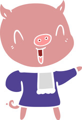 happy flat color style cartoon pig in winter clothes