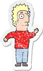 retro distressed sticker of a cartoon man waving