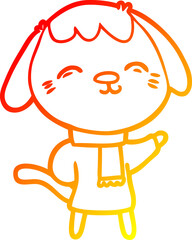 warm gradient line drawing happy cartoon dog in winter clothes