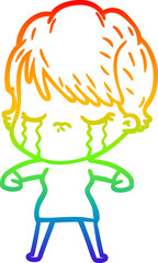 rainbow gradient line drawing cartoon woman crying