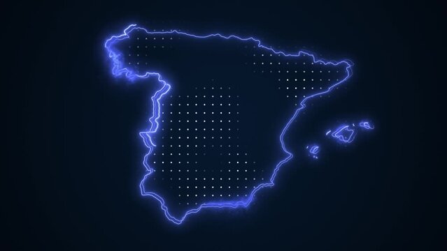 Neon Blue Spain Map Borders Outline Loop Background. Neon Blue Colored Spain Map Borders Outline Seamless Loop Dark Background. Spain Neon Map Borders Outline.