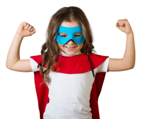 Little child Superhero. In mask and cloak