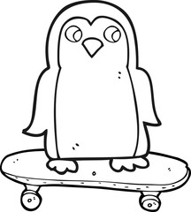 black and white cartoon penguin riding skateboard