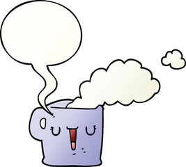 cartoon hot cup of coffee and speech bubble in smooth gradient style
