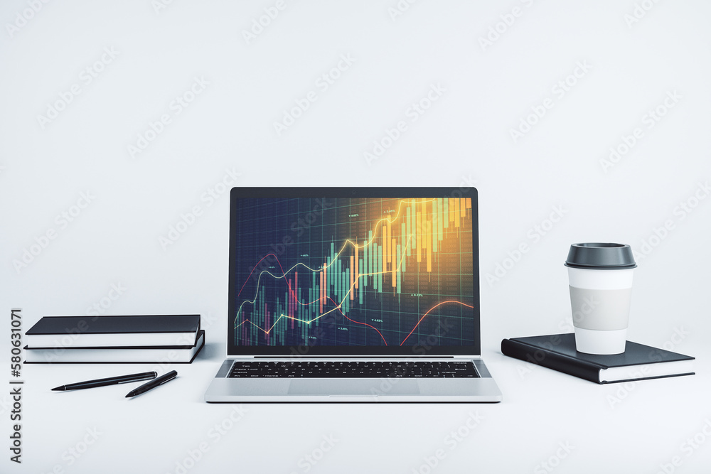 Poster computer monitor with abstract financial graph, finance and trading concept. 3d rendering