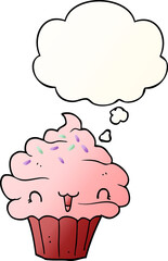 cute cartoon frosted cupcake and thought bubble in smooth gradient style