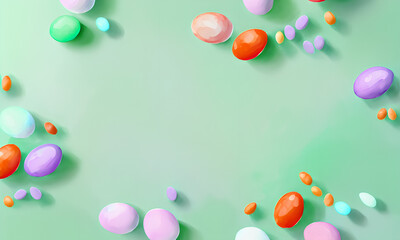 watercolor painting of easter banner background. top view photo of white pink blue and yellow easter eggs, generative ai, banner