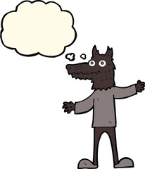 cartoon wolf man with thought bubble