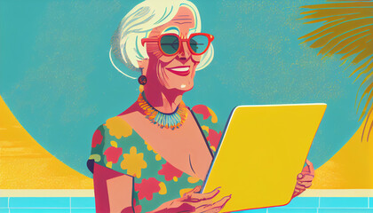 Obraz na płótnie Canvas Illustration of elderly woman with laptop by the pool, Generative Ai