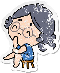 distressed sticker cartoon of a cute kawaii lady