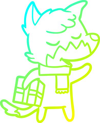 cold gradient line drawing friendly cartoon fox with christmas present