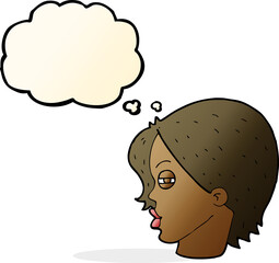 cartoon female face with narrowed eyes with thought bubble