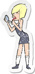 retro distressed sticker of a cartoon woman applying lipstick