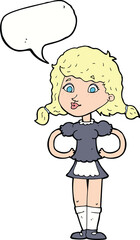 cartoon happy waitress woman with speech bubble