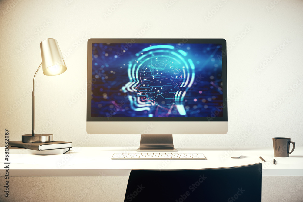 Aufkleber creative artificial intelligence concept with human head sketch on modern computer monitor. 3d rende