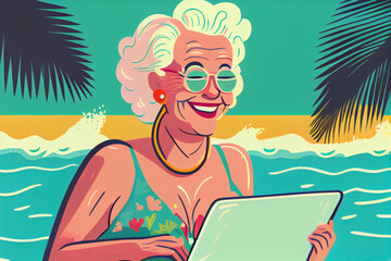 Obraz na płótnie Canvas Illustration of elderly woman with laptop by the pool, Generative Ai