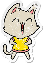 distressed sticker of a happy cartoon cat