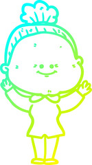 cold gradient line drawing cartoon happy old woman