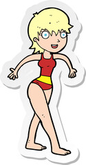 sticker of a cartoon happy woman in swimming costume
