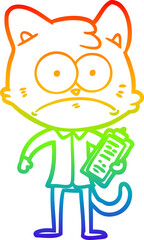 rainbow gradient line drawing cartoon cat with clipboard