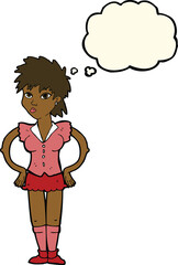 cartoon woman with hands on hips with thought bubble