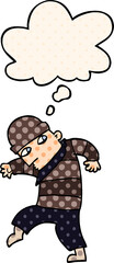cartoon sneaking thief and thought bubble in comic book style