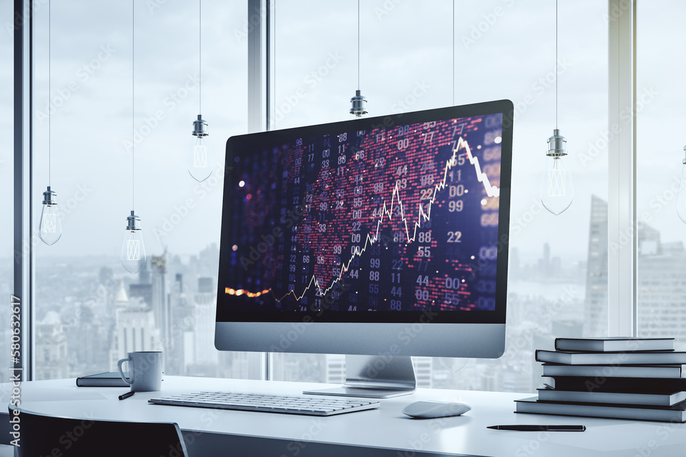 Poster modern computer screen with abstract creative financial chart with world map, research and analytics
