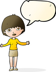 cartoon woman shrugging  with speech bubble