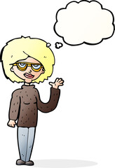 cartoon woman waving with thought bubble