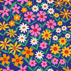 Cute Retro 70s boho Flowers seamless pattern in pink, yellow, orange and white with green leaves on navy blue background. For textile, wallpaper and fabric 