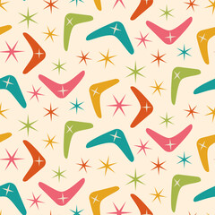 Mid Century Modern Boomerang seamless pattern with atomic retro stars in orange, teal, green, pink and yellow. For home decor, textile, wallpaper and fabric.  - obrazy, fototapety, plakaty