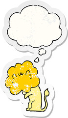cartoon lion and thought bubble as a distressed worn sticker
