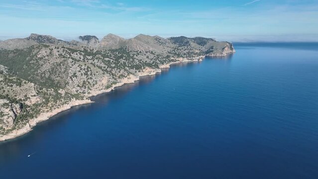 Aerial view of Formentor Peninsula with Formentor Beach, Hotel Royal Hideaway Formentor, Hotel Formentor, Cala Pi de la Posada, Illa del Geret Port de Pollenca, Mallorca, Spain 