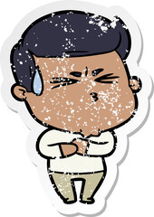 distressed sticker of a cartoon frustrated man
