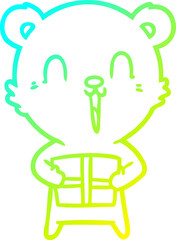 cold gradient line drawing happy cartoon bear with christmas gift