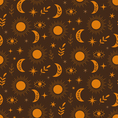 Boho Orange Floral Moon and sun seamless pattern with abstract eyes, stars on dark brown background. For textile, fabric and wrapping paper. 