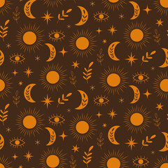 Boho Orange Floral Moon and sun seamless pattern with abstract eyes, stars on dark brown background. For textile, fabric and wrapping paper. 