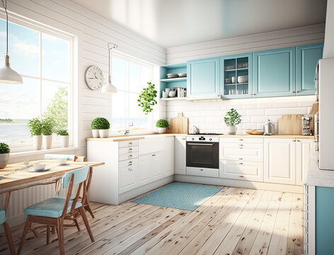 Illustration of a modern bright kitchen, created with Generative AI technology