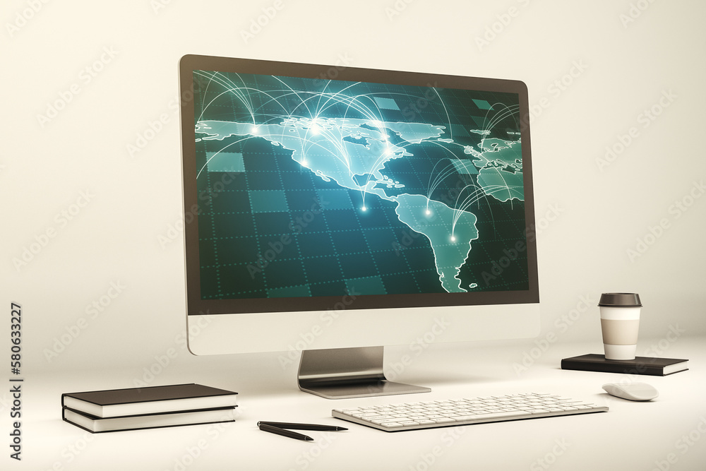 Poster abstract digital world map with connections on modern computer monitor, big data and blockchain conc