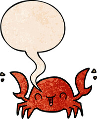 cartoon crab and speech bubble in retro texture style