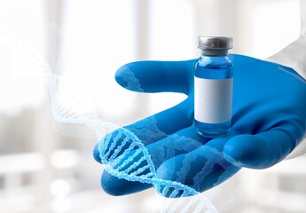 Lab scientist holding bottle vial and DNA strand
