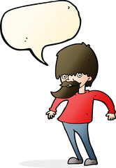 cartoon bearded man shrugging shoulders with speech bubble